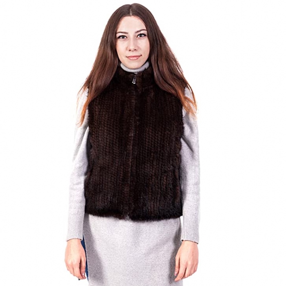 Knitted 💯 Mink Fur Zip Vest Brown XL EUC🥂🍾